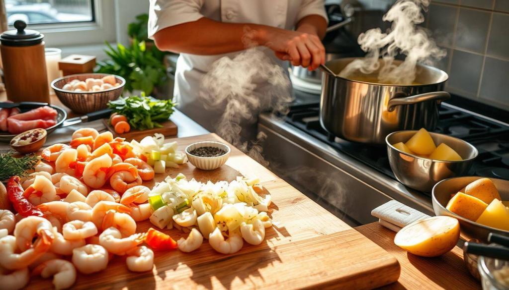 preparing seafood chowder
