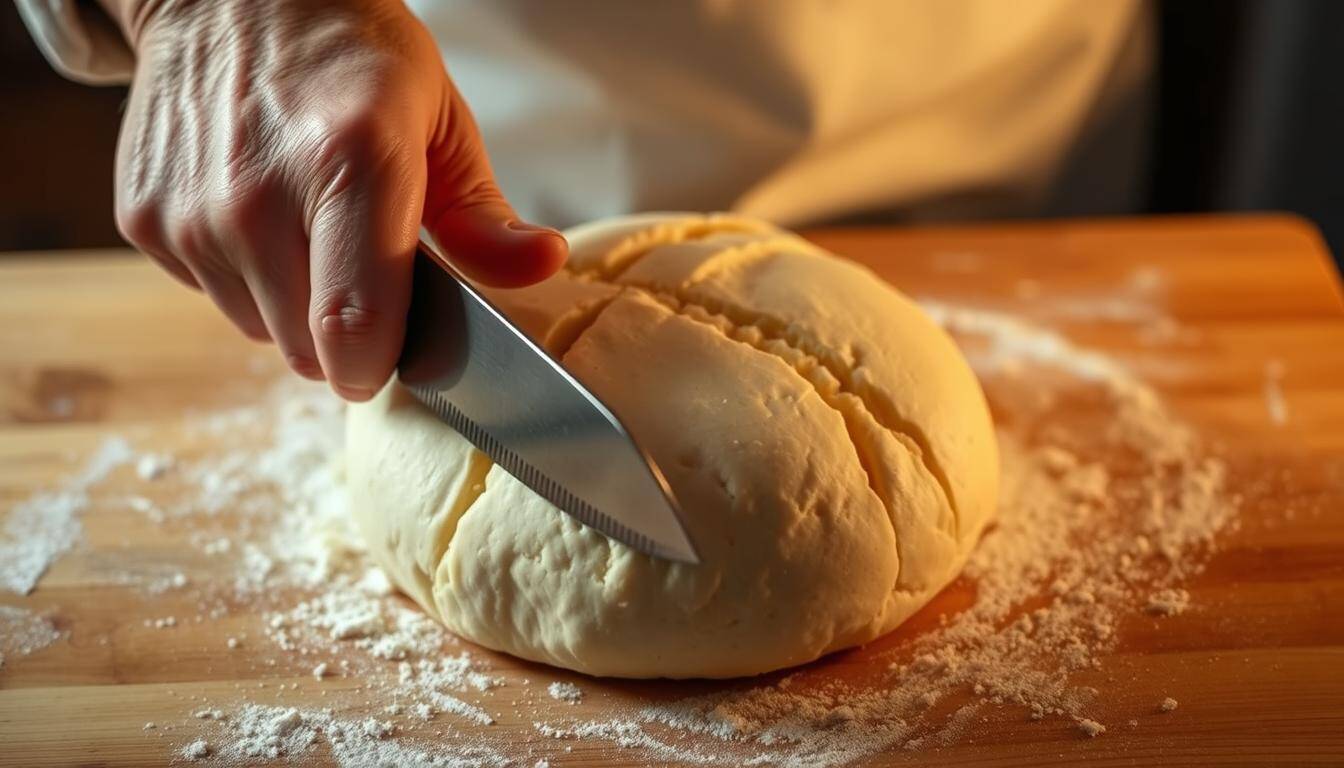 scoring dough with a sharp knife