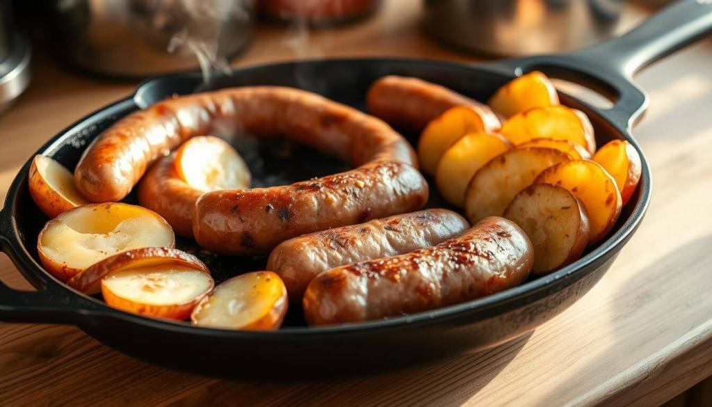 cooking sausage and potatoes