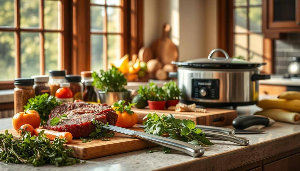 gathering ingredients for beef dish