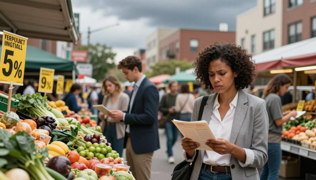 A bustling urban street scene depicting individuals from diverse demographics, wearing professional business attire and modest casual clothing, engaging in everyday activities amidst grocery stores displaying rising prices. In the foreground, a concerned shopper examines a shopping list juxtaposed with high price tags on food items, conveying anxiety about affordability. The middle ground features a vibrant marketplace filled with fresh produce, but signs of inflation are noticeable, like price increase notices. In the background, apartment buildings symbolize the urban lifestyle, enveloped in a moody, overcast sky that hints at an impending storm, adding to the sense of urgency. Warm, diffused lighting highlights the interactions between consumers, capturing a poignant atmosphere of struggle and resilience in the face of rising living costs.