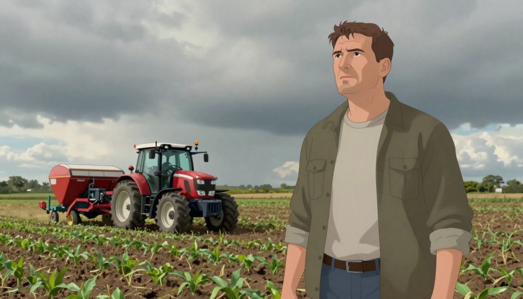 A detailed illustration depicting Ireland's agricultural import dependency amidst the backdrop of global conflict, specifically relating to the impact of the Iran War. In the foreground, portray a farmer with a thoughtful expression, wearing professional casual attire, standing beside a field with crops showing signs of struggle. The middle ground should feature farm equipment and a small tractor, emphasizing modern agricultural practices while highlighting the ongoing challenges. In the background, illustrate a cloudy sky with a hint of turbulence, symbolizing the geopolitical tensions affecting trade and self-sufficiency. Soft, diffused lighting conveys a somber mood, reflecting concern over reliance on imports. Use a slightly upward angle to give a sense of depth and urgency to the scene, creating a narrative that captures the complexities of food security in Ireland.
