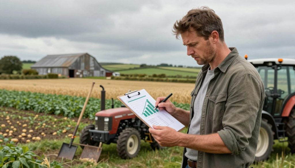 A detailed illustration of agricultural input costs affecting Irish farmers. In the foreground, a concerned farmer in modest casual clothing examines a clipboard with rising cost graphs of seeds, fertilizers, and fuel. Accompanying him are farming tools and a small, rustic tractor. The middle ground features a vast, green Irish farmland with crops like potatoes and barley, while a subtle, weathered barn stands nearby. In the background, a cloudy sky looms, hinting at economic difficulties. The overall mood is tense and serious, capturing the financial burden climate, with soft natural lighting enhancing the scene. The angle is slightly elevated, providing a clear view of the farmer's expression and the agricultural landscape around him.