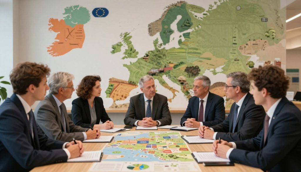 A detailed illustration showcasing the concept of European food policy in relation to Ireland's challenges. In the foreground, a diverse group of professionals in business attire is engaged in serious discussions around a large table filled with maps, agricultural charts, and policy documents. The middle ground features a backdrop of iconic European landmarks, symbolizing unity within the EU, such as the European Parliament and agricultural fields. In the background, a subtle representation of shifting international relations, including elements that hint at global trade dynamics and agricultural exports, portrayed with muted colors. The lighting is warm, creating a thoughtful and contemplative atmosphere, with a slightly blurred focus on the background to emphasize the urgency of the discussions in the foreground.