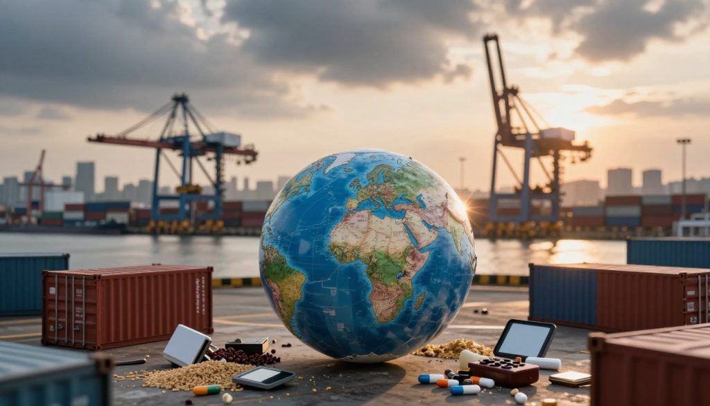 A fragmented globe sits prominently in the foreground, symbolizing the complexity of global supply chains. Broken shipping containers are scattered around, overflowing with assorted goods like grains, medications, and electronics. In the middle ground, a busy cargo port showcases cranes frozen in mid-operation, their shadows elongating as the sun sets, casting a warm yet somber glow. In the background, a blurred silhouette of a city’s skyline is faintly visible, suggesting the interconnectedness of economies. The atmosphere is tense, reflecting uncertainty and disruption, with ominous clouds gathering overhead. A shallow depth of field focuses on the globe and containers, while a slight lens flare from the setting sun enhances the dramatic effect, emphasizing the fragility of these vital systems.