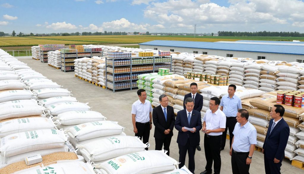 A panoramic view of a government-controlled food reserve facility, featuring large, organized storage warehouses filled with sacks of grains and various canned goods. In the foreground, a diverse group of professionally dressed officials and workers are inspecting the supplies, discussing strategies with serious expressions. The middle ground should include towering shelves laden with food supplies, while the background displays a well-maintained landscape of fields, symbolizing agricultural abundance. The lighting is bright and natural, suggesting a hopeful atmosphere, with a few clouds scattered in the blue sky, indicative of a stable future. The angle is slightly elevated, providing a comprehensive overview of the entire scene while emphasizing the importance of food security.