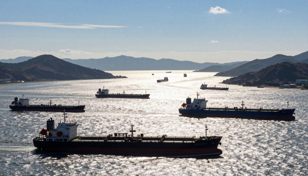A panoramic view of the Strait of Hormuz bustling with cargo ships and tanker vessels navigating through busy shipping lanes. In the foreground, multiple large oil tankers with identifiable shapes and colors are anchored, their silhouettes stark against the shimmering, sunlit water. The middle ground features smaller cargo ships, some moving towards the horizon, while others are cautiously threading through narrower passages. The background reveals rugged coastal mountains under a clear blue sky, with a few wispy clouds adding depth. The warm sunlight casts soft reflections on the water's surface, creating a sense of urgency and commerce. The atmosphere is tense yet vibrant, illustrating the strategic importance of this shipping route in global trade.