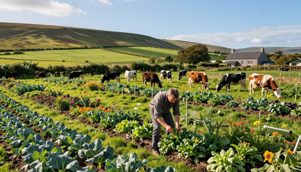 A picturesque sustainable farm in Ireland, featuring lush green fields dotted with vibrant crops and a patchwork of different agricultural practices. In the foreground, an experienced farmer in modest casual clothing inspects organic vegetables, demonstrating hands-on cultivation techniques. In the middle ground, a diverse array of livestock grazes peacefully, surrounded by well-maintained hedgerows and wildflowers, emphasizing biodiversity. The background showcases rolling hills under a clear blue sky, with soft, warm sunlight casting gentle shadows, enhancing the serene atmosphere. A distant farmhouse, designed with eco-friendly materials, anchors the scene, reflecting a commitment to sustainability. Capture this landscape with a slightly elevated angle, using natural lighting to evoke a sense of hope and resilience in agriculture.